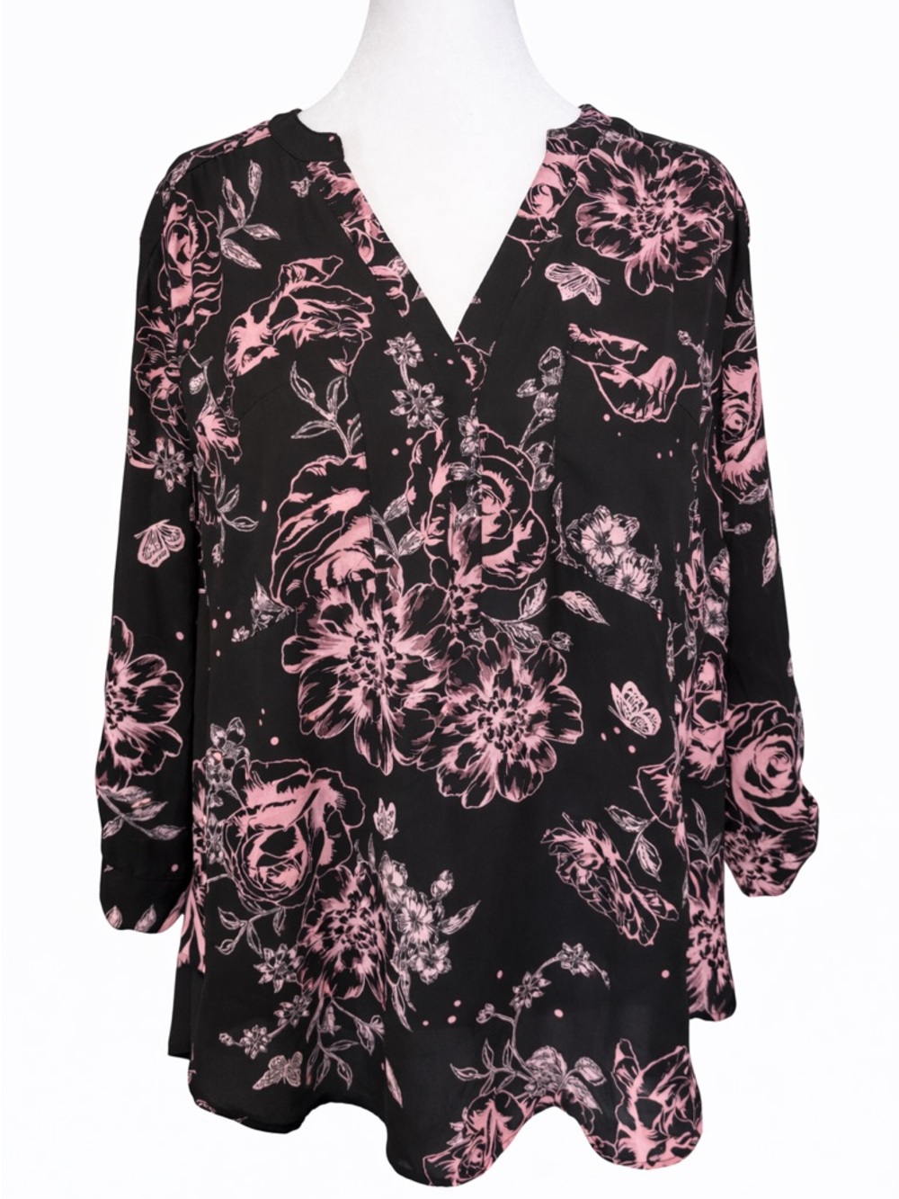 Torrid Harper Floral Blouse Black Pink Size 1X V-Neck